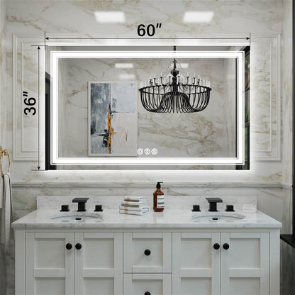 36x60 inch double sink frameless LED bathroom mirror with dual LED borders and dimension markings