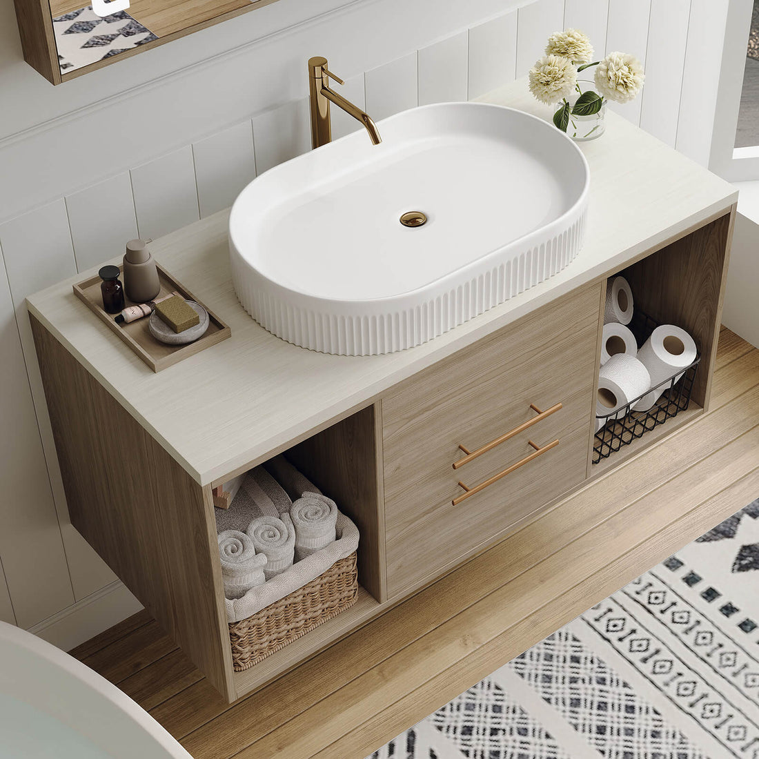 38 inch Wall Mounted Vanity with White Oval Vessel Sink