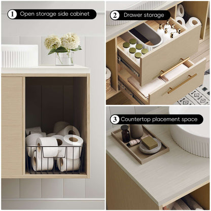 38 inch Wall-Mounted Bathroom Vanity Open Shelves and Drawer Storage Space