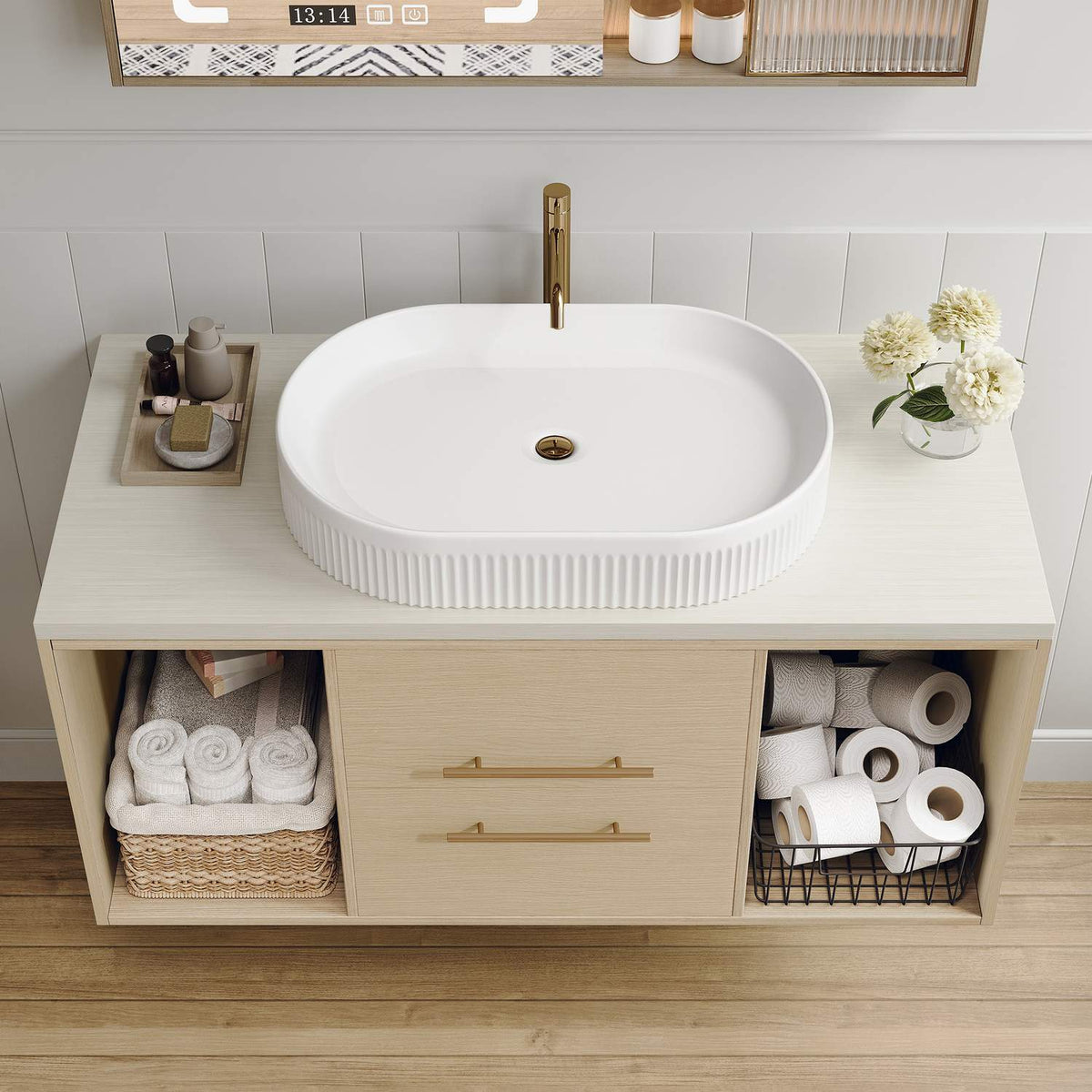 38 inch Wall-Mounted Vanity Top View Fluted Oval Vessel Sink Countertop