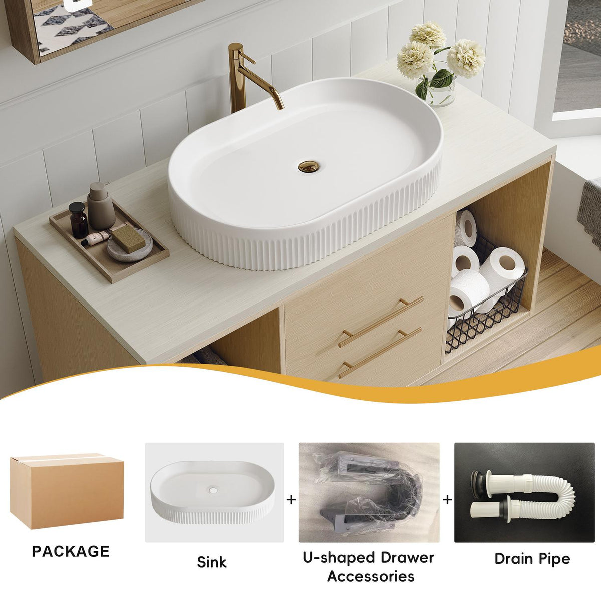 38 inch Wall-Mounted Vanity with White Oval Vessel Sink Packaging and Accessories