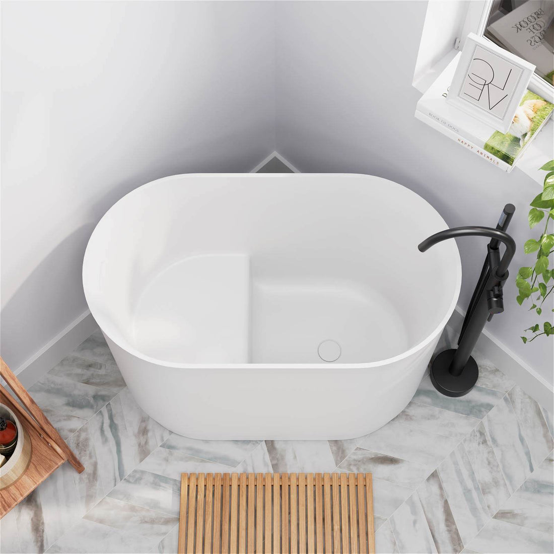 39&quot; Solid Surface Oval Japanese Soaking Tub with Integrated Seat