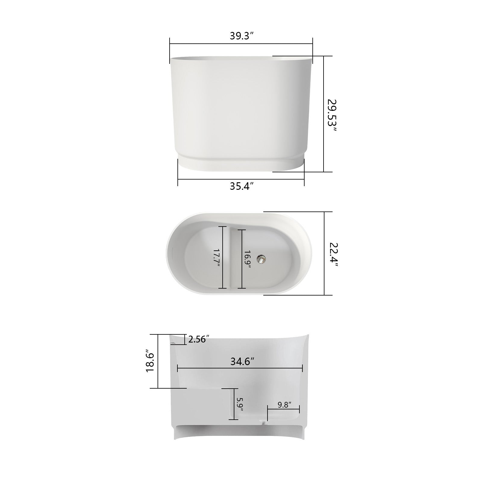 39&quot; Solid Surface Oval Japanese Soaking Tub with Integrated Seat