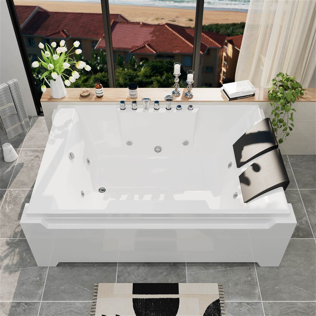 73" 2 Person Whirlpool Tub with 8 Jets, Chromatherapy Lights, Includes Faucet & Bath Pillow