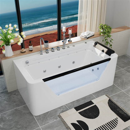67" Whirlpool Bathtub with 7 Jets, Glass Panel Jetted Tub, Hydro Massage &amp; LED Lights