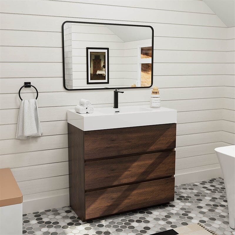 Floor Mounted Bathroom Vanity with Top Walnut+White Basin