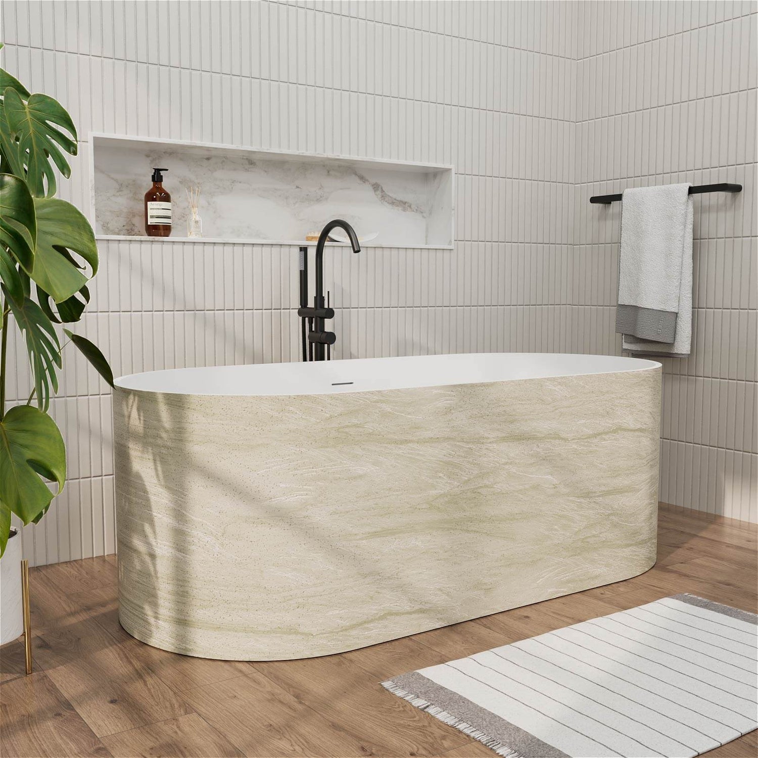 63" Beige Freestanding Solid Surface Bathtub in Stone Resin
