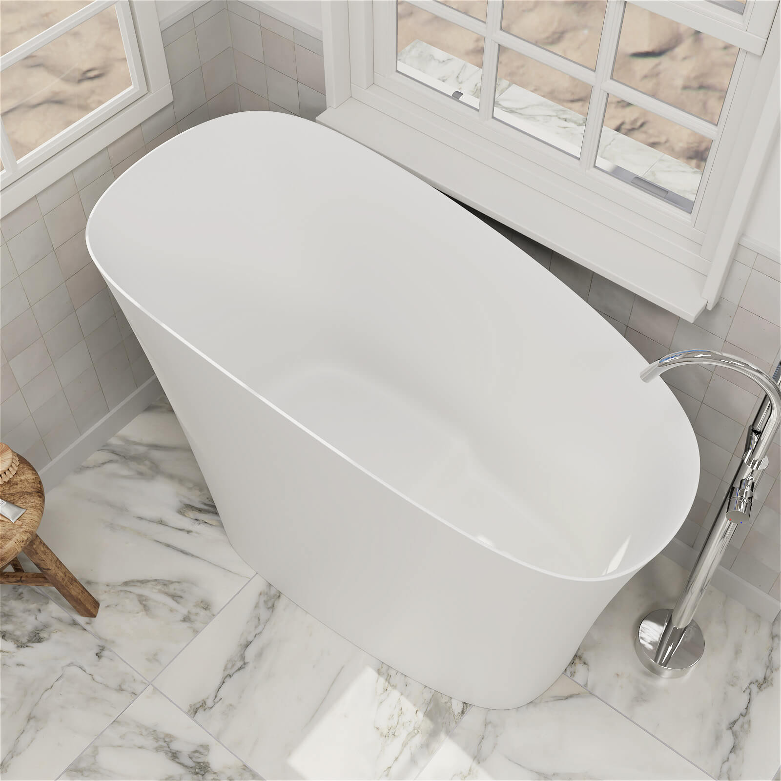 47&quot; Single Slipper Freestanding Japanese Soaking Bathtub Solid Surface Stone Resin Tub with Built-in Seat