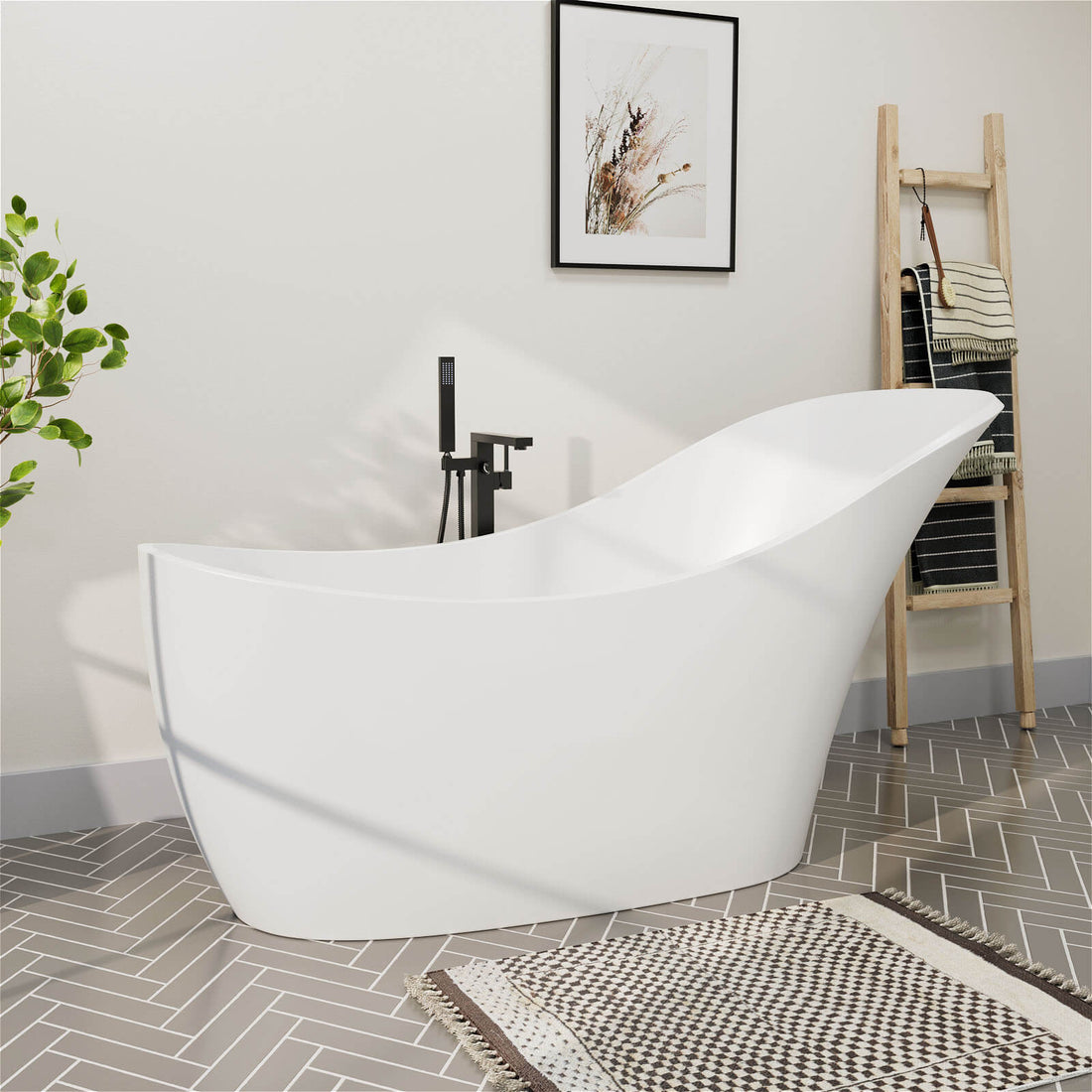 Single Slipper Bathtub with Backrest in Matte White