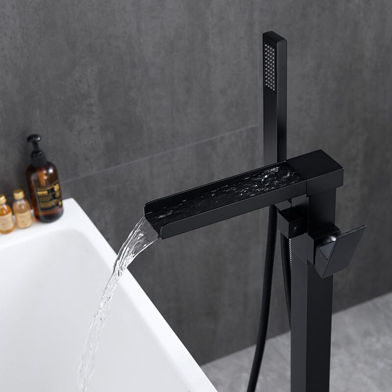 Waterfall Freestanding Bathtub Faucet Floor Mount Tub Filler with Hand Shower