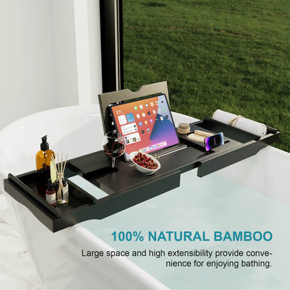 Luxury Bamboo Expandable Bathtub Caddy Tray with Smartphone Tablet Book Holders, Soap Tray, Wine Glass Slot, Black