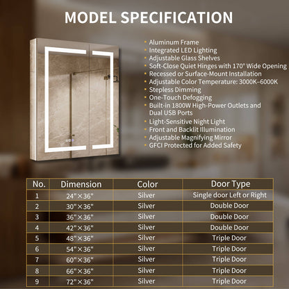 24" x 36" Medicine Cabinet with Mirror, Right Single Door, LED Bathroom Cabinet with Storage, Anti-Fog &amp; Adjustable Shelves