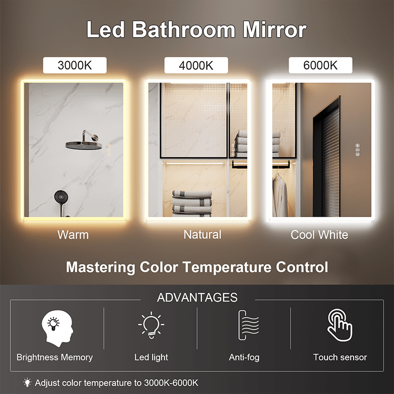 Rounded corner bathroom mirror LED function description