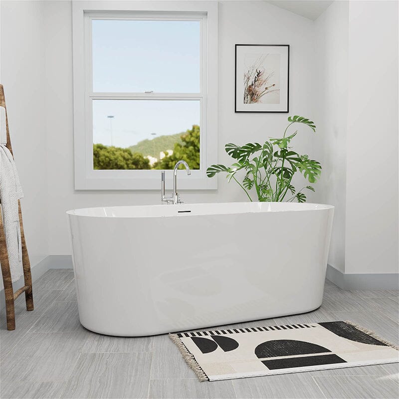 65&quot; Acrylic Oval Flatbottom Freestanding Soaking Bathtub in Glossy White