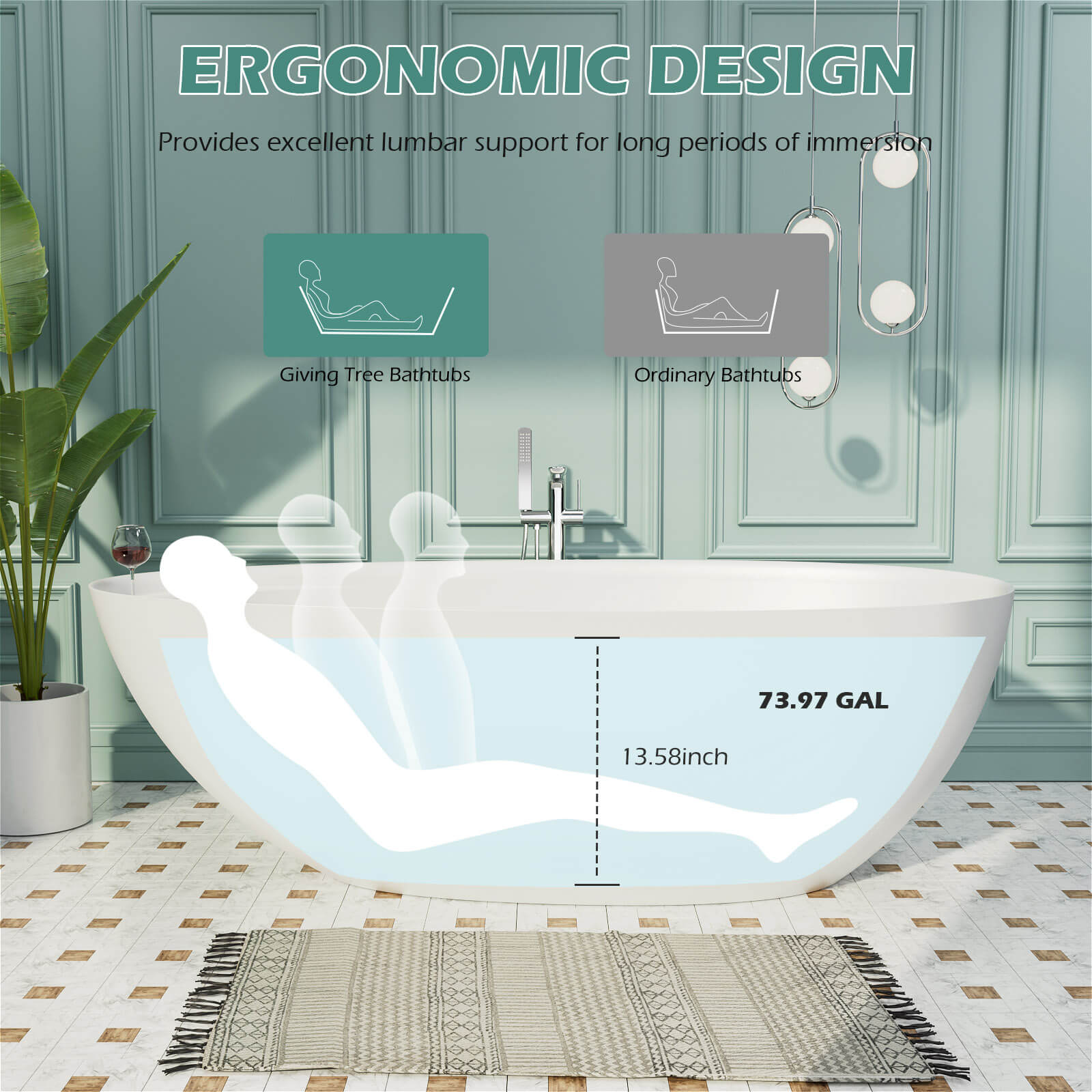 47&quot; Single Slipper Freestanding Japanese Soaking Bathtub Solid Surface Stone Resin Tub with Built-in Seat