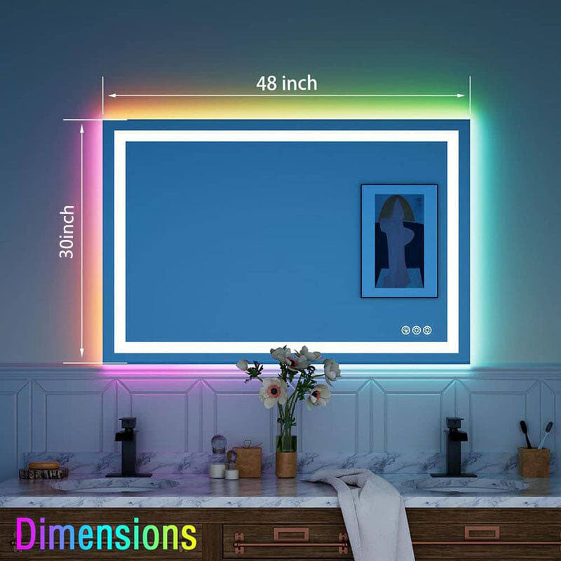 36“/48” RGB LED Light Bathroom Vanity Mirror Rectangular Frameless Anti Fog