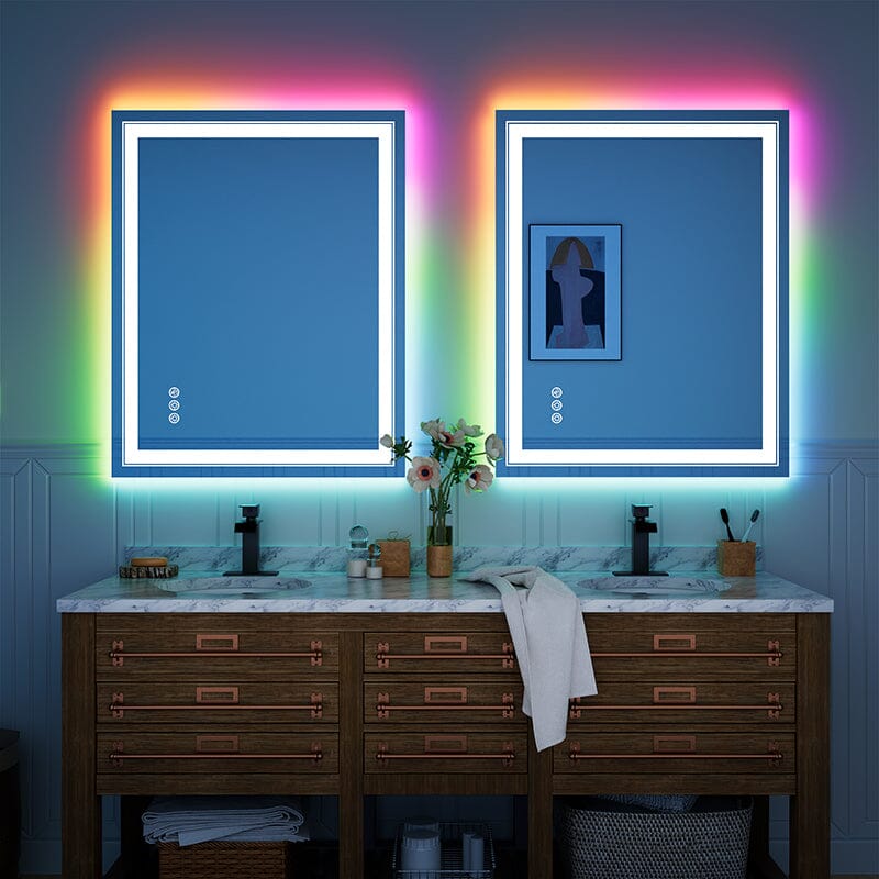 RGB LED Light Bathroom Vanity Mirror Small Rectangular Frameless Anti Fog