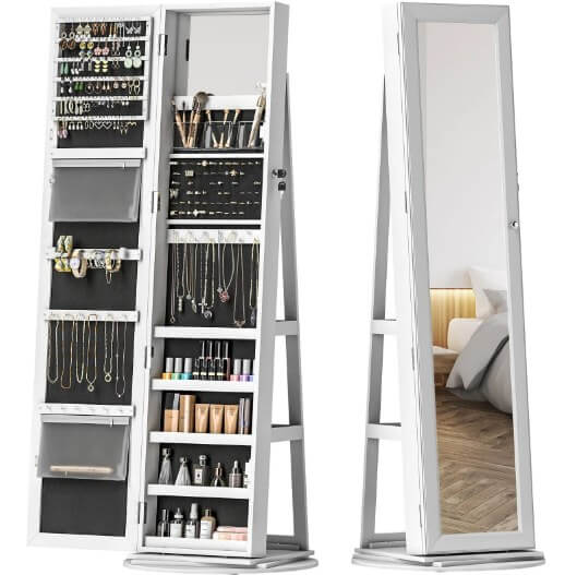 Lockable 360° White Swivel Full-Length Jewelry Cabinet Mirror with Storage Shelves