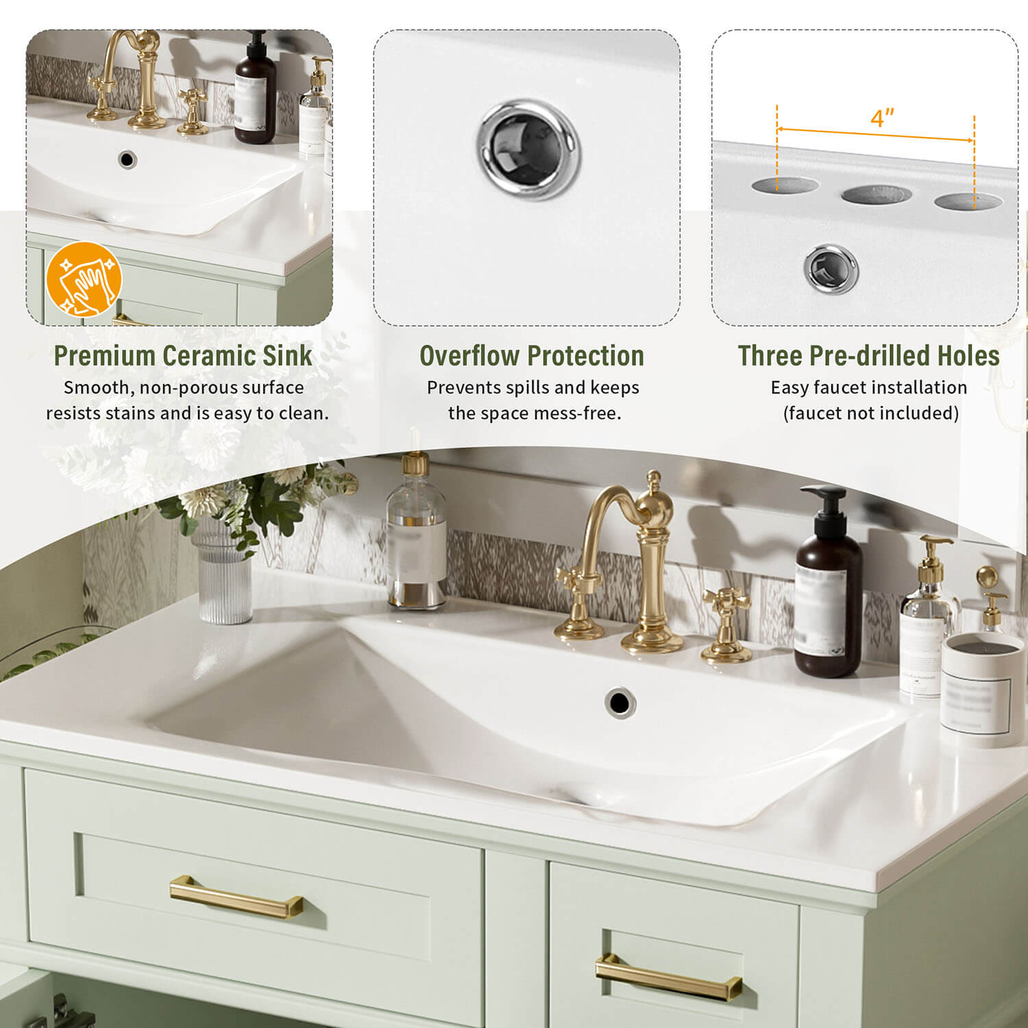 3 hole ceramic sink top on Green Bathroom Storage Vanity