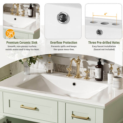 3 hole ceramic sink top on Green Bathroom Storage Vanity