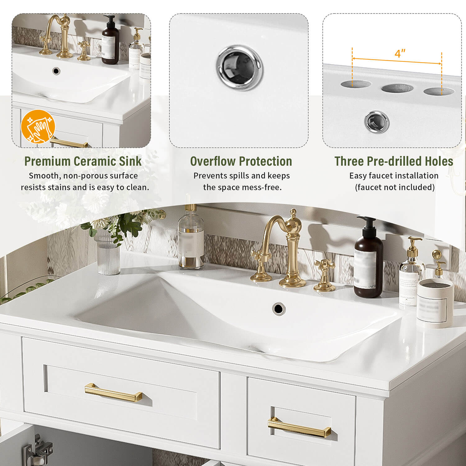  3 hole white ceramic sink bathroom vanity