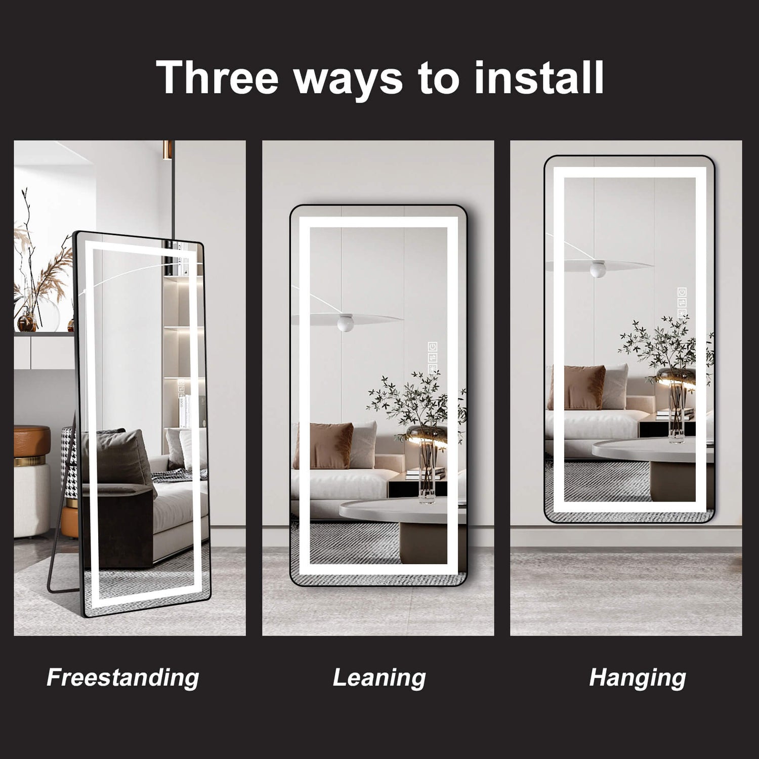 64"x21" Black LED Full Length Mirror with Dimmer, 3 Color Temperatures