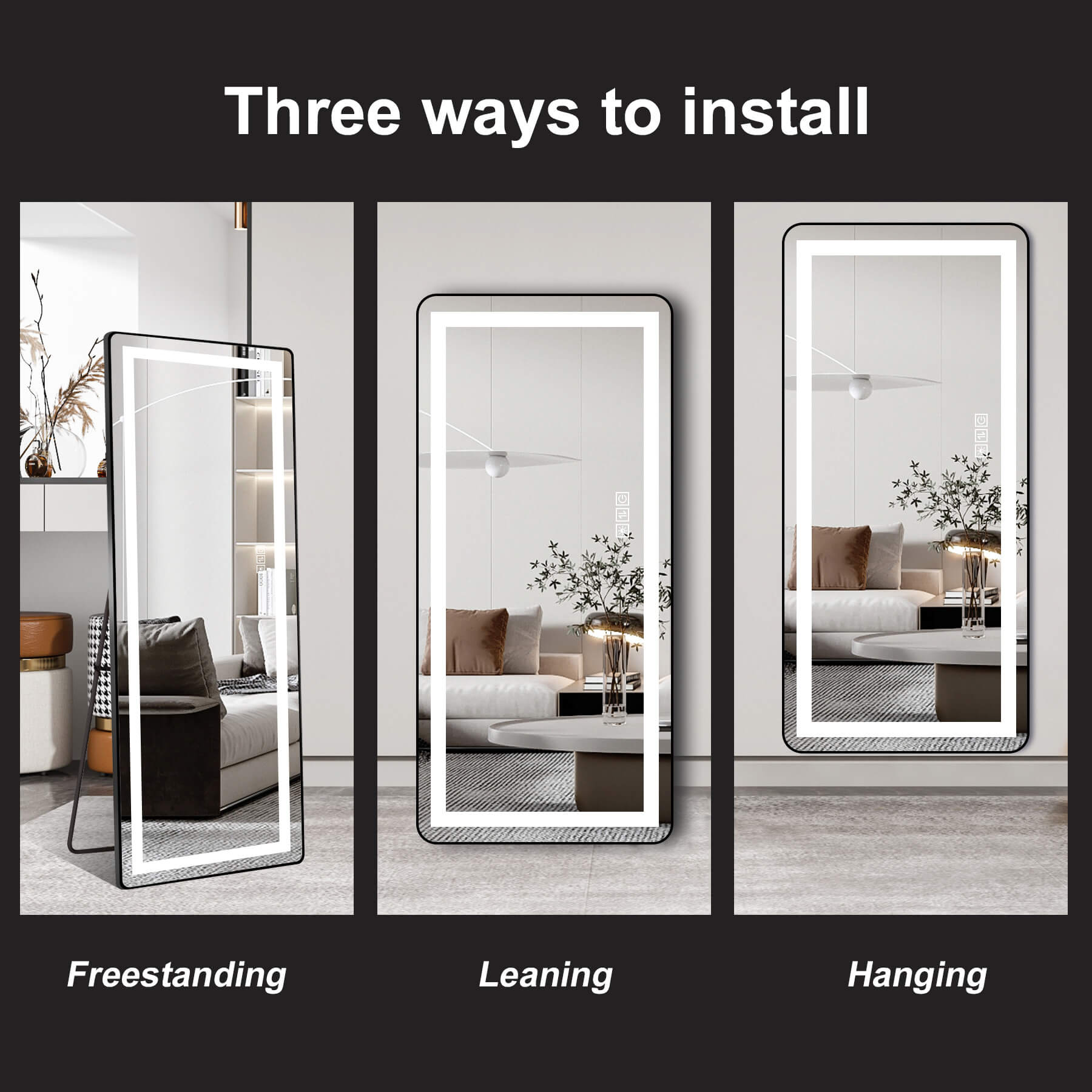 64"x21" Black LED Full Length Mirror with Dimmer, 3 Color Temperatures