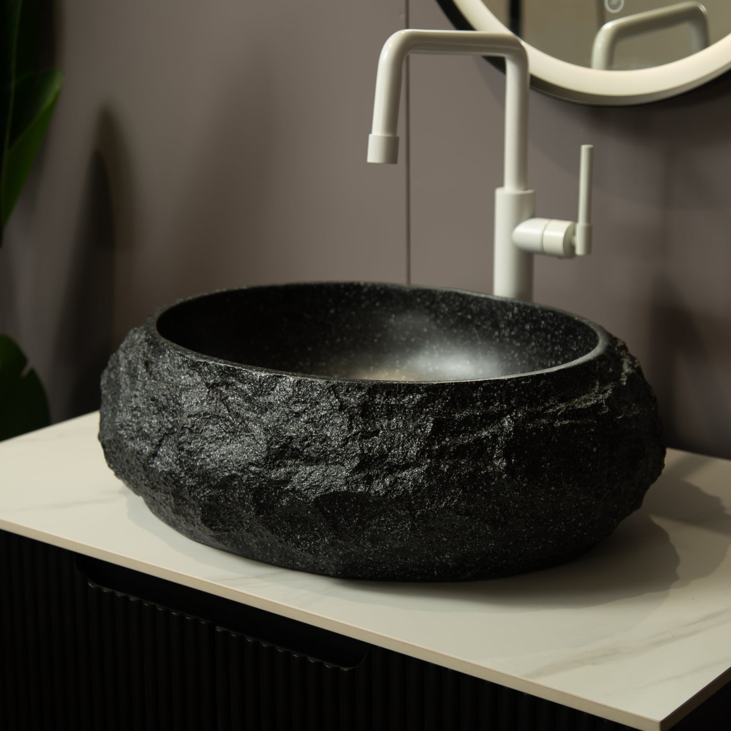 Dark Gray Stone Pattern Resin Vessel Bathroom Sink artistic oval basin rock-like exterior stone texture