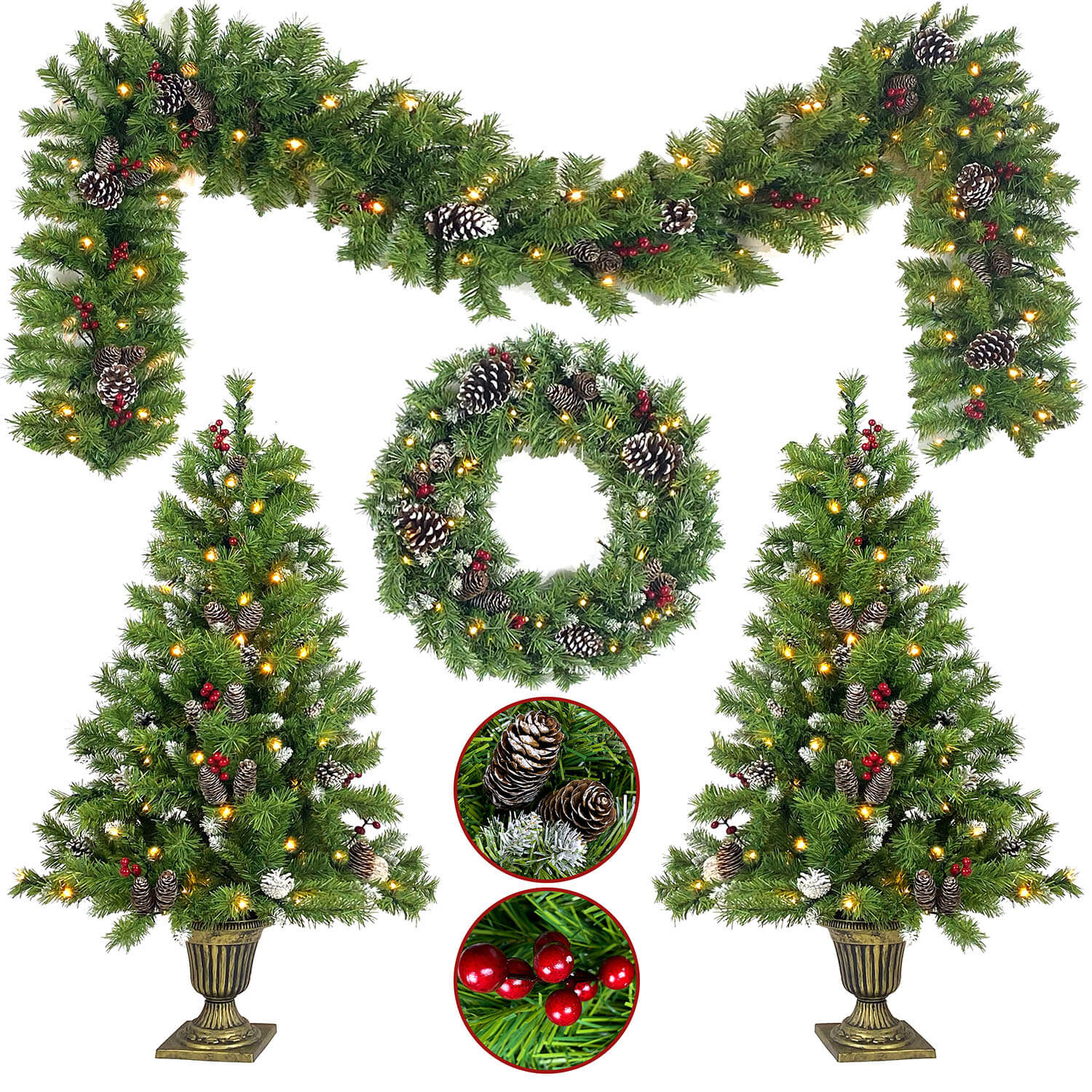 4-piece Christmas decoration set with LED entrance trees, wreath, garland and ribbon