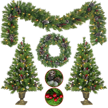 4-piece Christmas decoration set with LED entrance trees, wreath, garland and ribbon