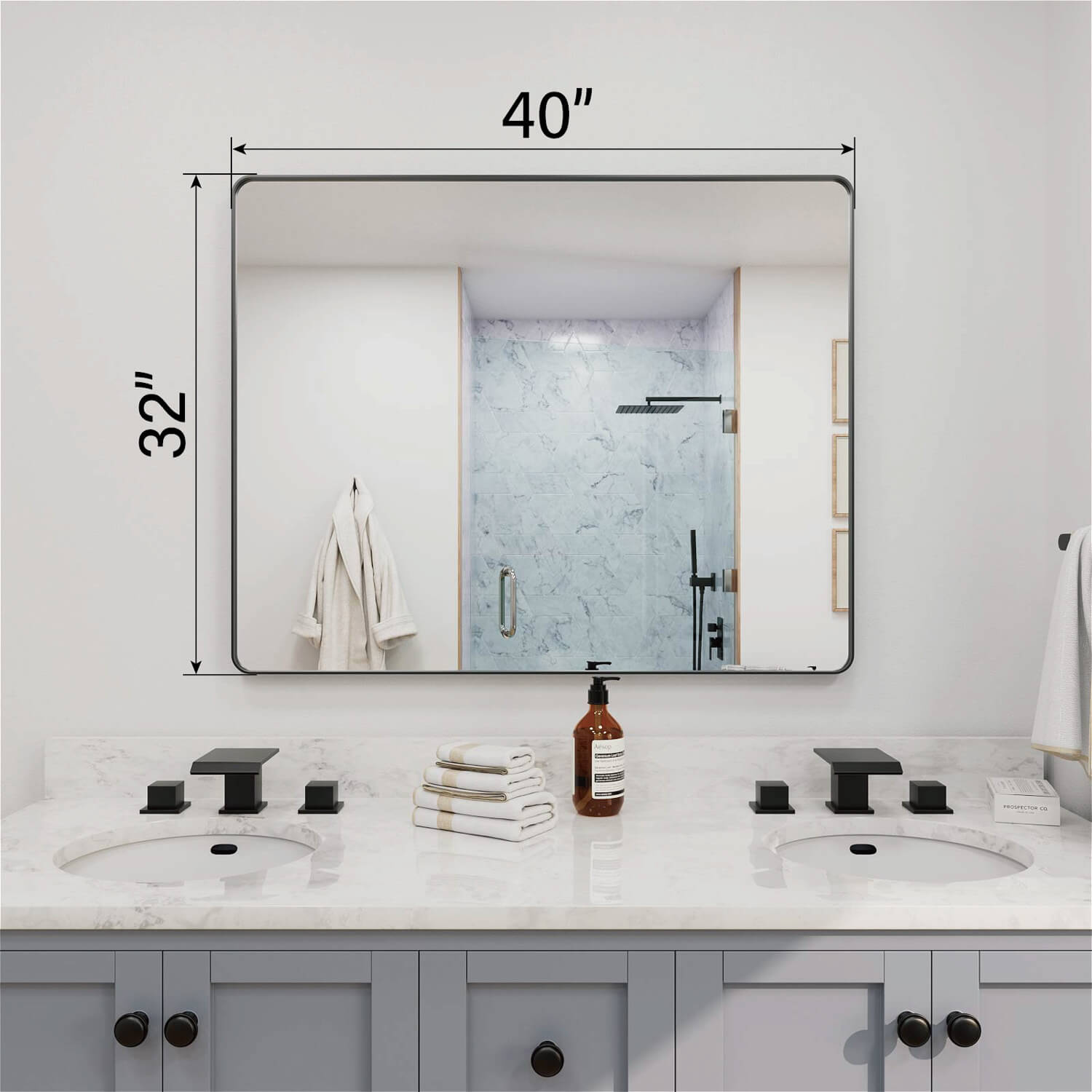 40 x 32 inches wide rectangular black framed bathroom mirror