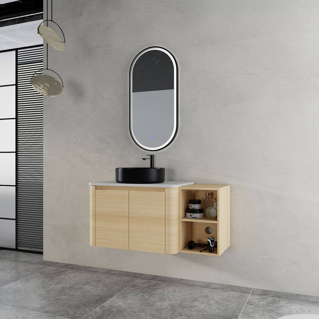 42 inch White Oak Bathroom Vanity-Black Ceramic Vessel Sink and Open Shelves