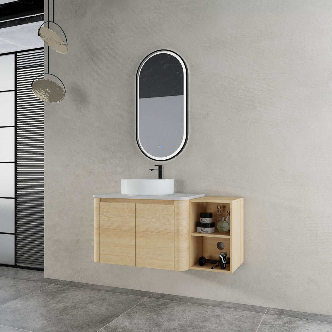 42 inch White Oak Bathroom Vanity-White Ceramic Vessel Sink and Open Shelves