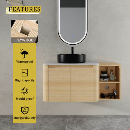 42 inch White Oak Bathroom Vanity with Black Ceramic Vessel Sink and Open Shelves-material