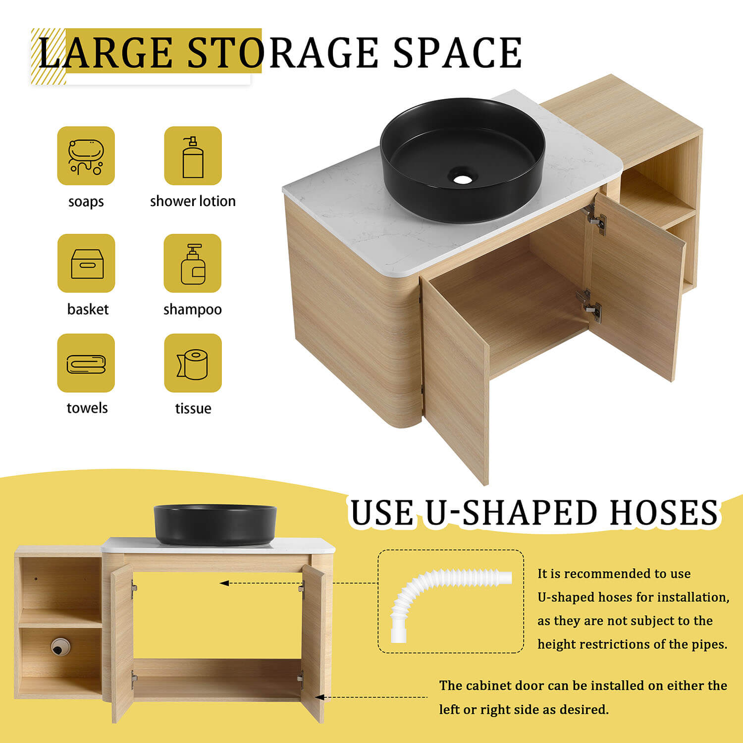 42 inch White Oak Bathroom Vanity with Black Ceramic Vessel Sink and Open Shelves-storage space