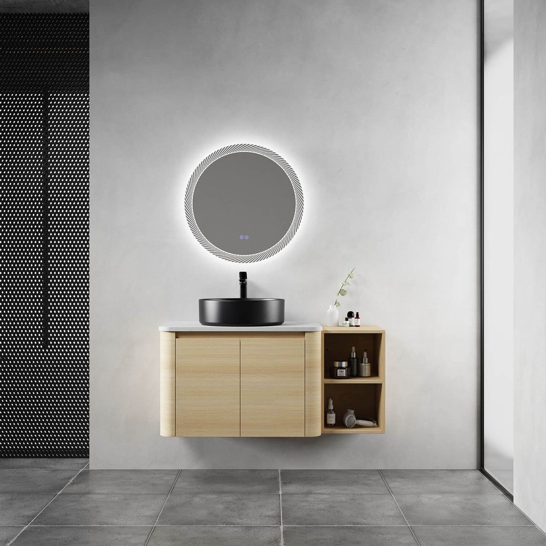 42 inch White Oak Bathroom Vanity with Black Ceramic Vessel Sink and Open Shelves