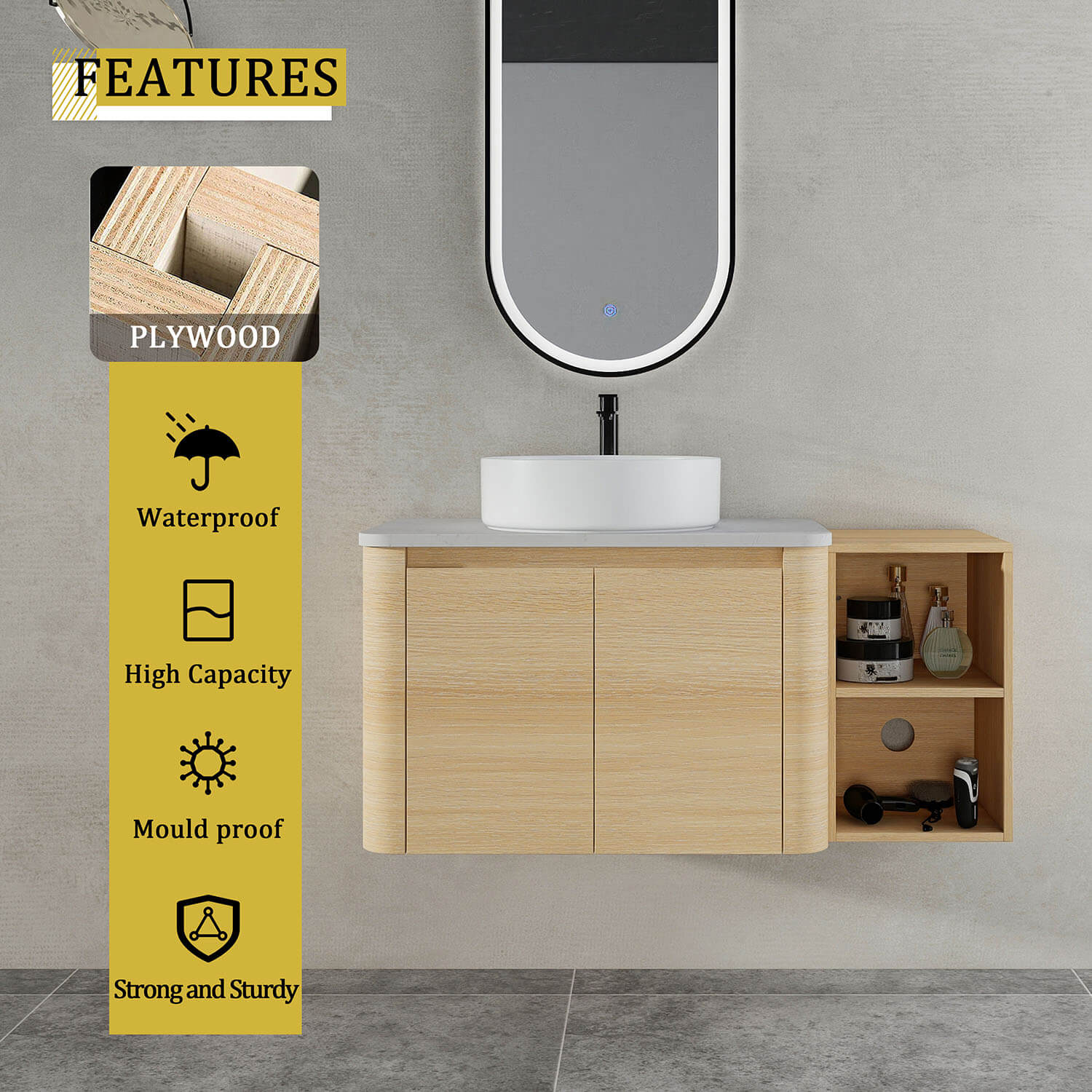 42 inch White Oak Bathroom Vanity with White Ceramic Vessel Sink and Open Shelves-material