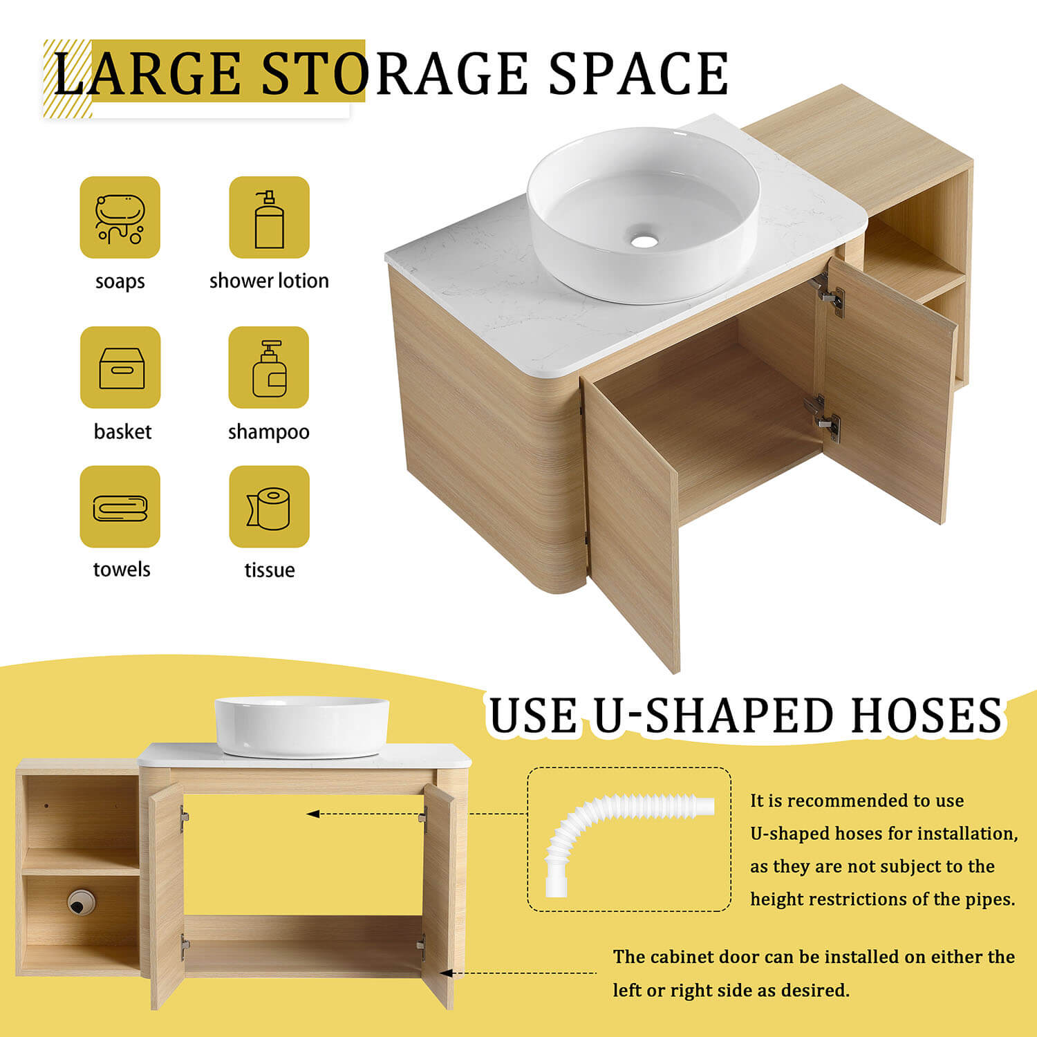 42 inch White Oak Bathroom Vanity with White Ceramic Vessel Sink and Open Shelves-storage space