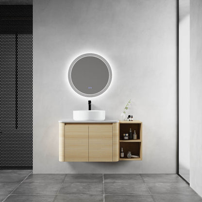 42 inch White Oak Bathroom Vanity with White Ceramic Vessel Sink and Open Shelves