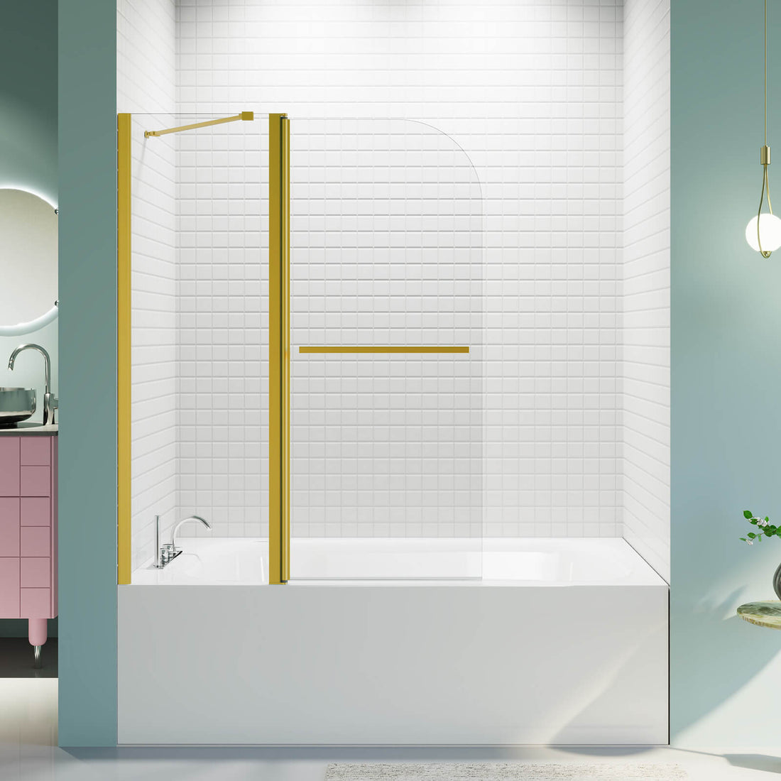 43 IN x 58 IN Brushed Gold Pivot Glass Bathtub Shower Door