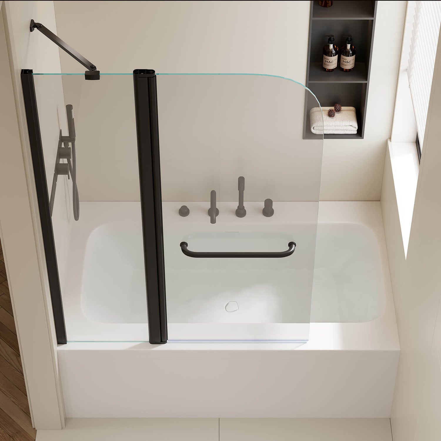 43x58 inch matte black aluminum frame pivot shower door in modern bathroom