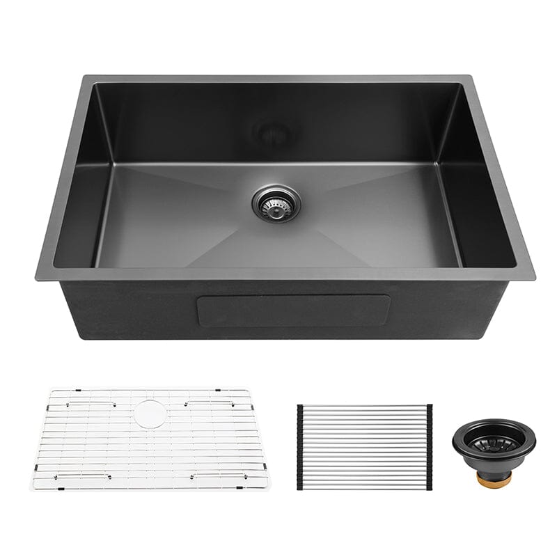 33&quot; x 21&quot; Undermount Kitchen Sink 16 Gauge Stainless Steel Single Bowl with Bottom Grid, Roll-up Rack, Drainer