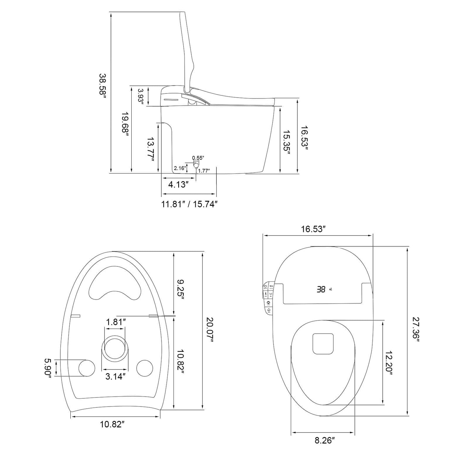 Dimensional specifications of a smart bidet with elderly and child modes