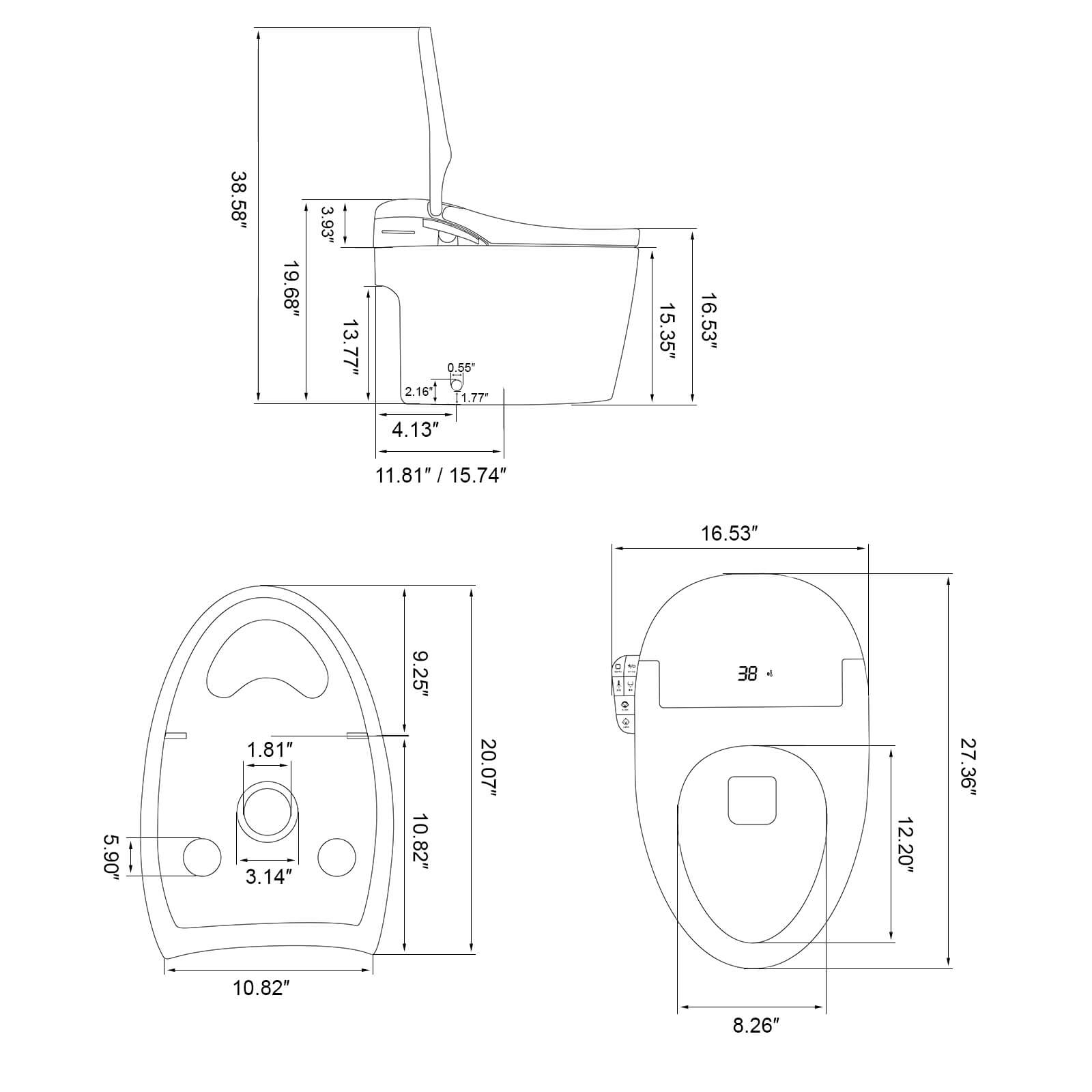 Dimensional specifications of a smart bidet with elderly and child modes