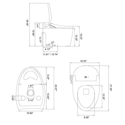 Dimensional specifications of a smart bidet with elderly and child modes