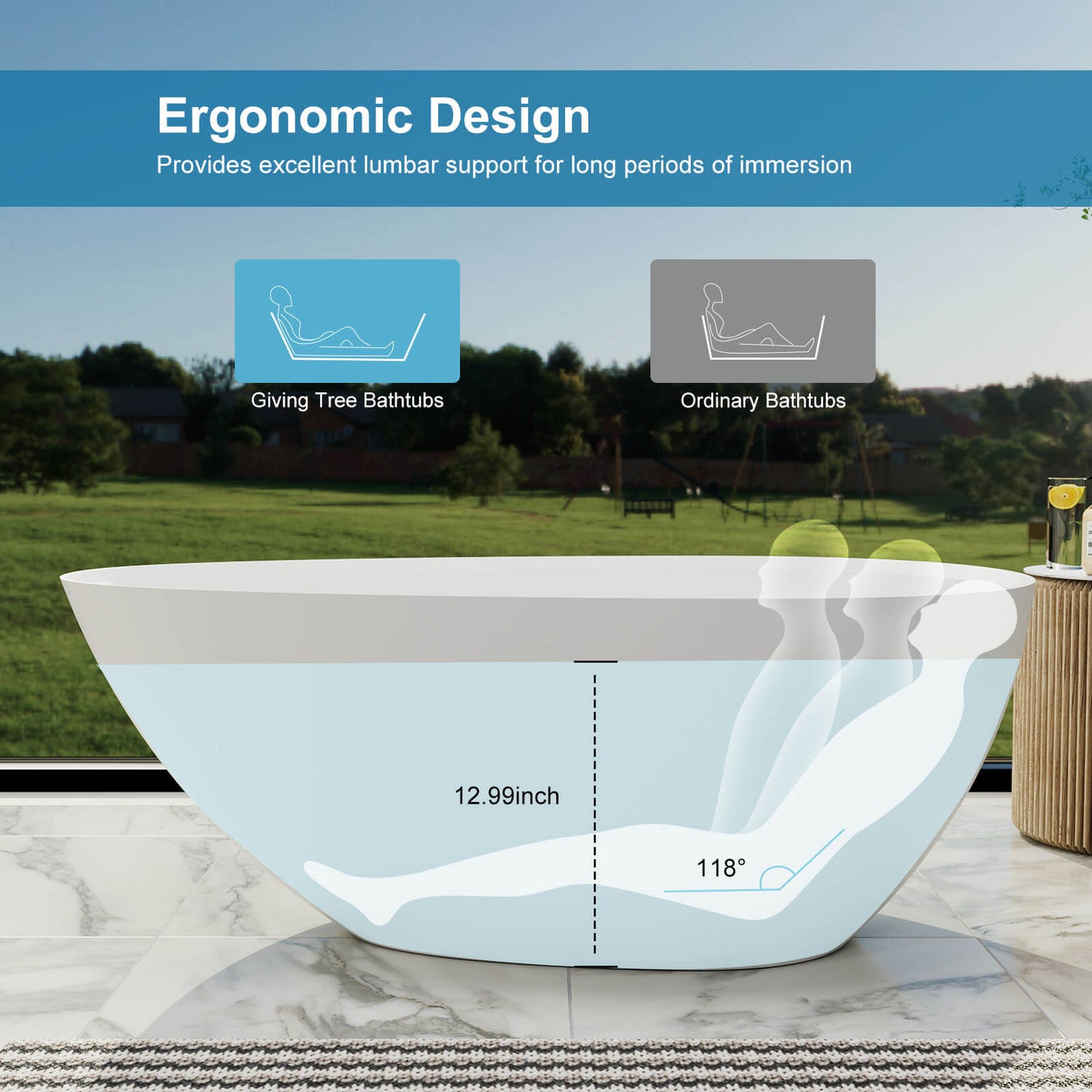 Introduction to matte white 55&quot; small freestanding soaking tub tilt angle