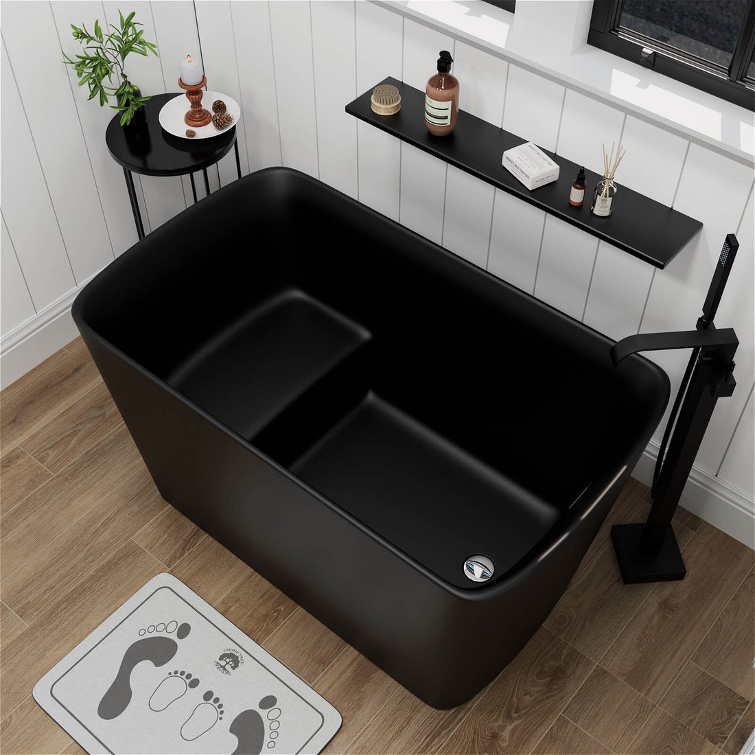 47Inch Stone Resin Black Small Freestanding Japanese Soaking Tub with Built-inSeat