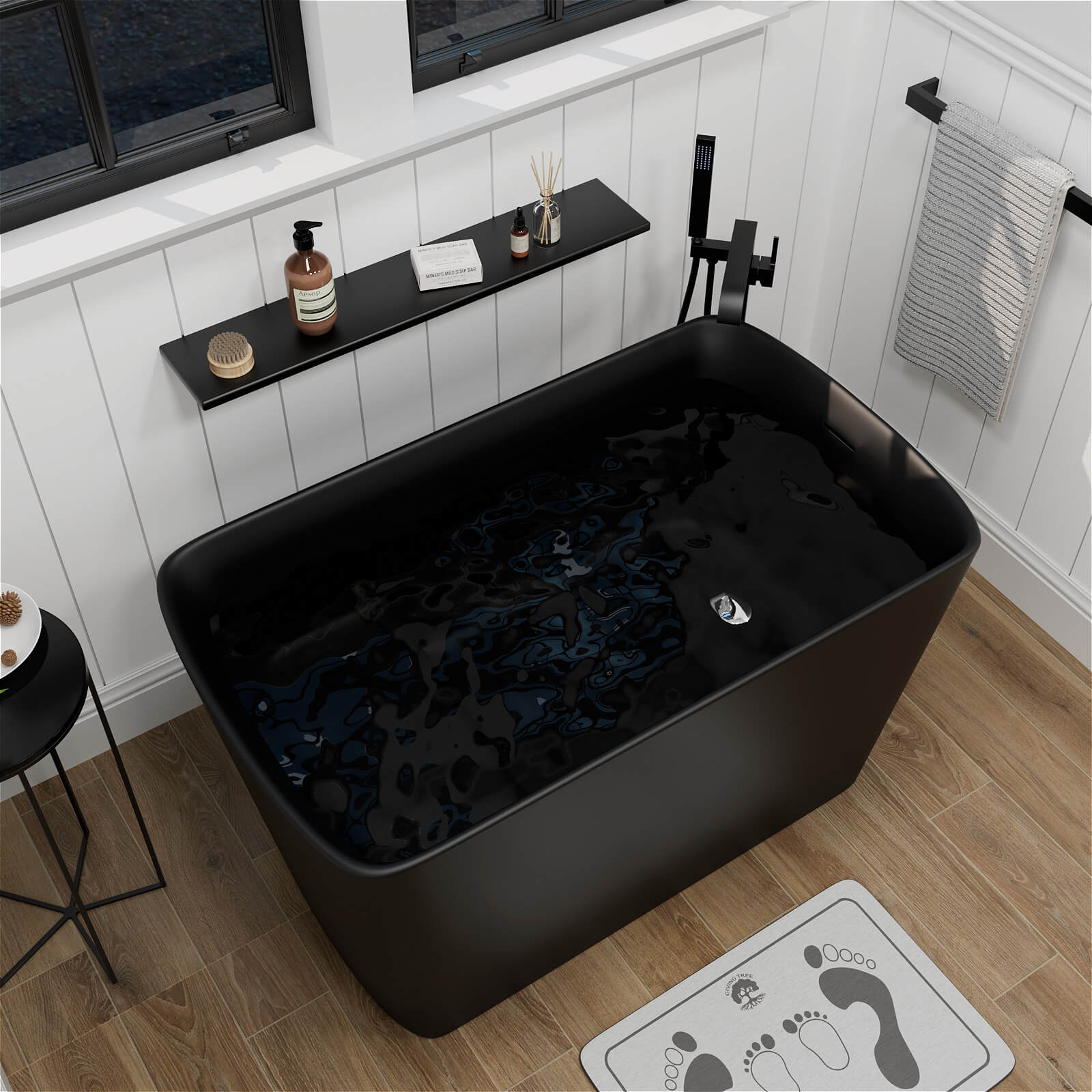 47 Inch Black Freestanding Soaking Tub with Built-in Seat