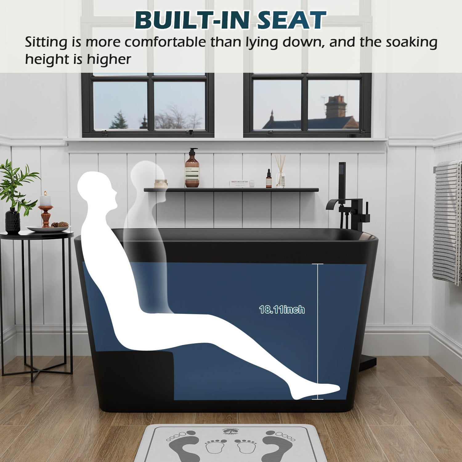 47 Inch Black Japanese Soaking Tub with Seat