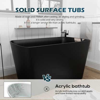 47 Inch Black Solid Surface Freestanding Soaking Tub with Seat